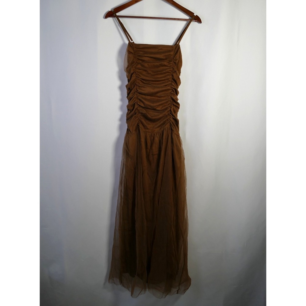 Rihoas Y2K Forest Fairy Grunge Mesh Maxi Dress Size M Brown Ruched Goblincore